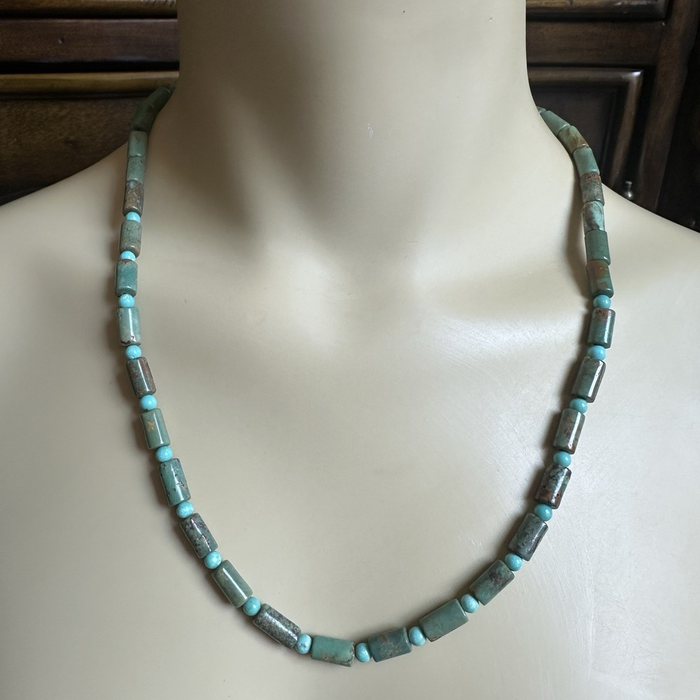 Artisan Beaded Necklace 20.5 in Turquoise Cylinder Hook Cone 925 Sterling 26.3g